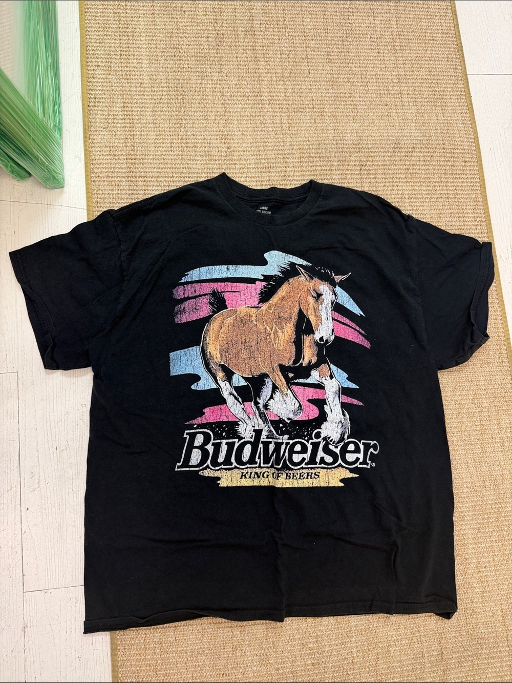 Budweiser Black Tee with Brown Horse and Pink/Blue Accent Graphics